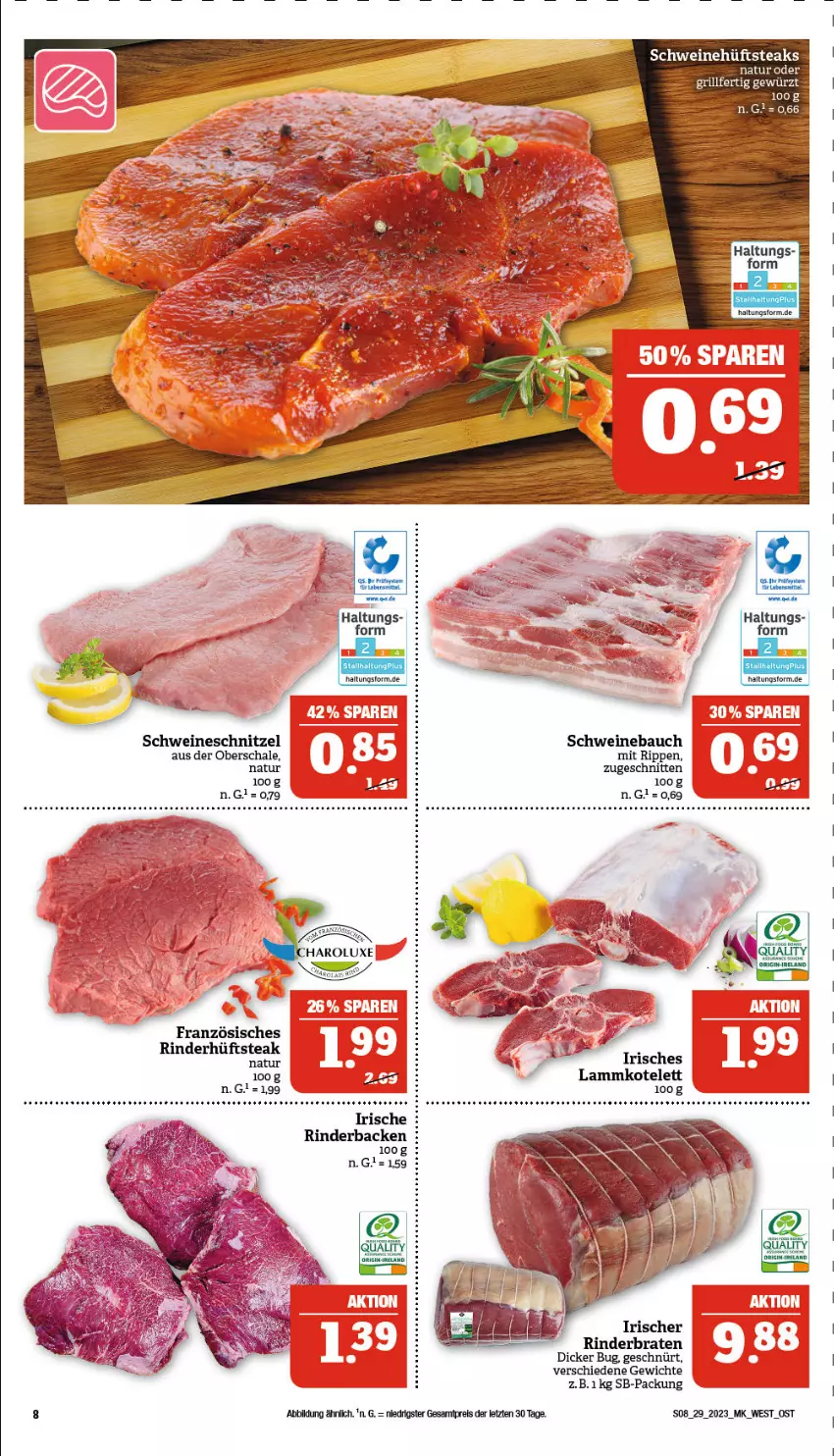 Aktueller Prospekt Marktkauf - Prospekt - von 17.07 bis 22.07.2023 - strona 8 - produkty: Bau, braten, eis, erde, hüftsteak, hüftsteaks, kotelett, lamm, lammkotelett, natur, reis, rel, rind, rinder, Rinderbacken, rinderbraten, Rippen, Schal, Schale, schnitten, schnitzel, schwein, schweine, Schweinebauch, schweineschnitzel, steak, steaks, tee, Ti, wein, weine, ZTE