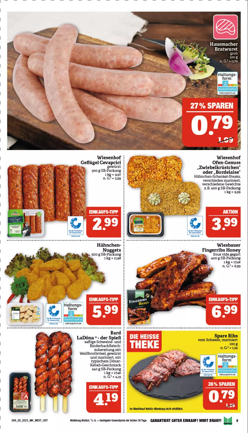 Aktueller Prospekt Marktkauf - Prospekt - von 17.07 bis 22.07.2023 - strona 9 - produkty: auer, Bau, Bauer, bordelaise, bratwurst, brot, cevapcici, eis, erde, fleisch, Geflügel, gewürz, hackfleisch, hähnchen-schenkel, Hausmacher, henkel, lebensmittel, mac, nuggets, nuss, Ofen, reis, rind, rinder, rinderhackfleisch, saft, schenkel, schwein, schweine, spare ribs, steak, steaks, Ti, wein, weine, wiesbauer, wiesenhof, wurst, ZTE, zwiebel