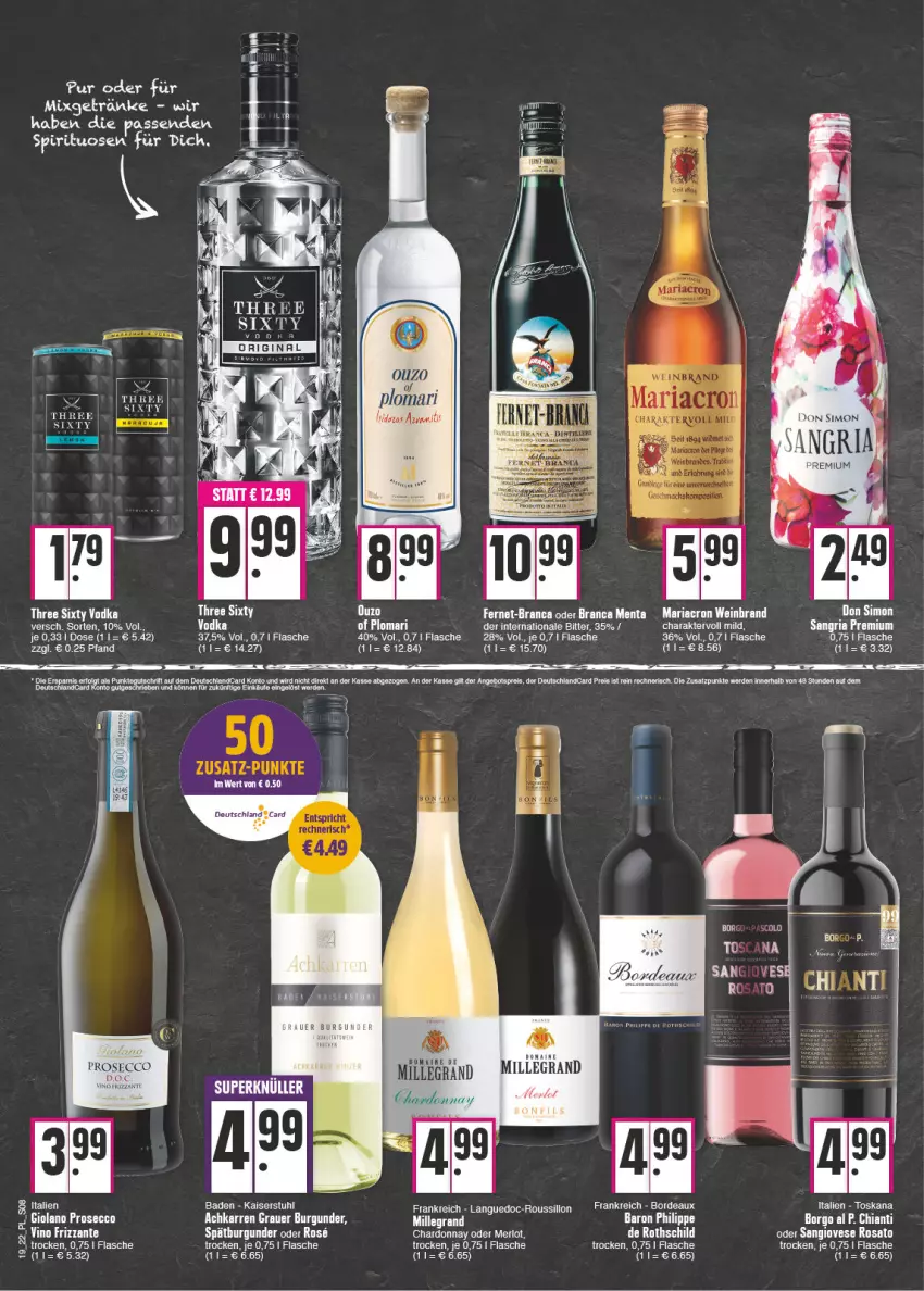 Aktueller Prospekt E Center - Angebote der Woche - von 09.05 bis 14.05.2022 - strona 8 - produkty: auer, Bad, burgunder, chardonnay, deutschlandcard, ecco, eis, elle, erde, Fernet, flasche, frizzante, getränk, getränke, grauer burgunder, HP, Kaiser, LG, mariacron, merl, merlot, Mixgetränk, prosecco, reis, Ria, rosato, sangria, sim, spirituosen, stuhl, Three Sixty, Ti, wein, weinbrand