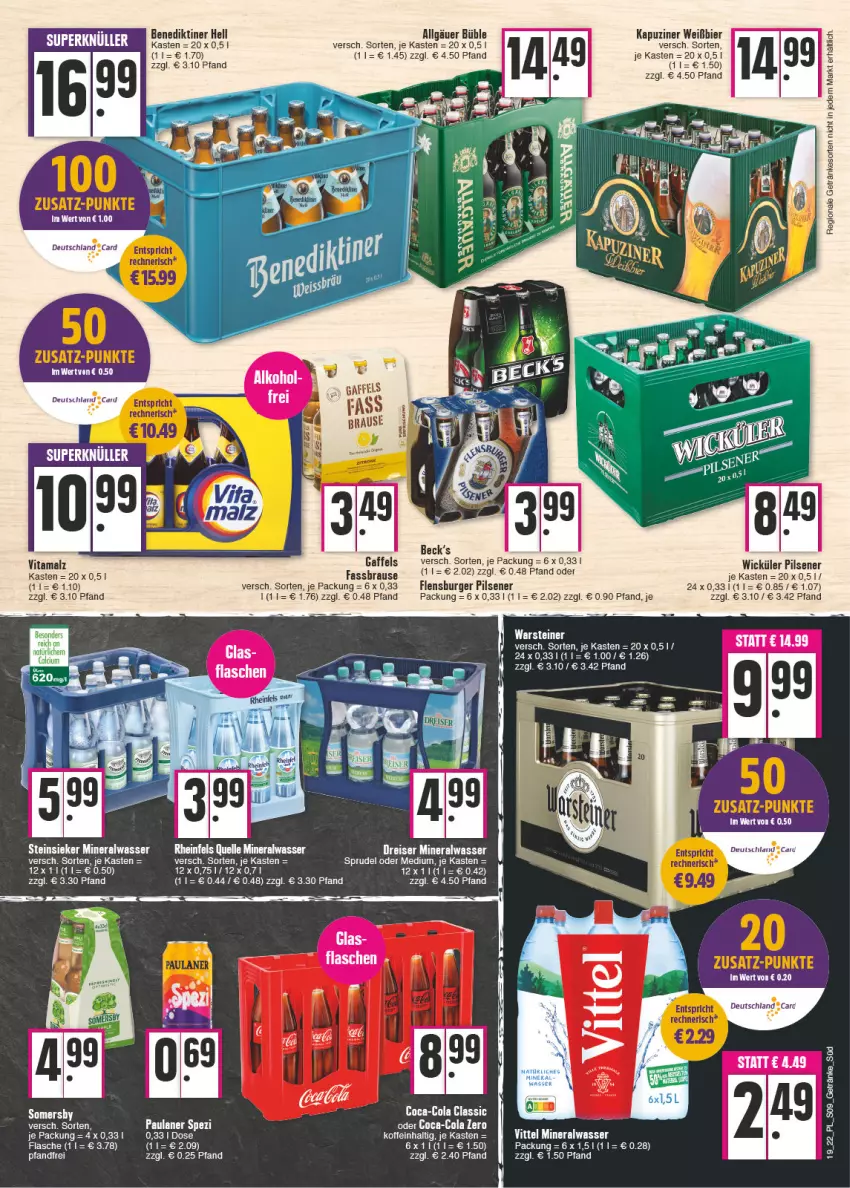 Aktueller Prospekt E Center - Angebote der Woche - von 09.05 bis 14.05.2022 - strona 9 - produkty: Alwa, Benediktiner, bier, burger, coca-cola, cola, eis, elle, flasche, flensburger, getränk, getränke, LG, mineralwasser, Paula, paulaner, pils, pilsener, reis, rheinfels quelle, Spezi, Sprudel, steiner, Steinsieker, Ti, warsteiner, wasser, WICK