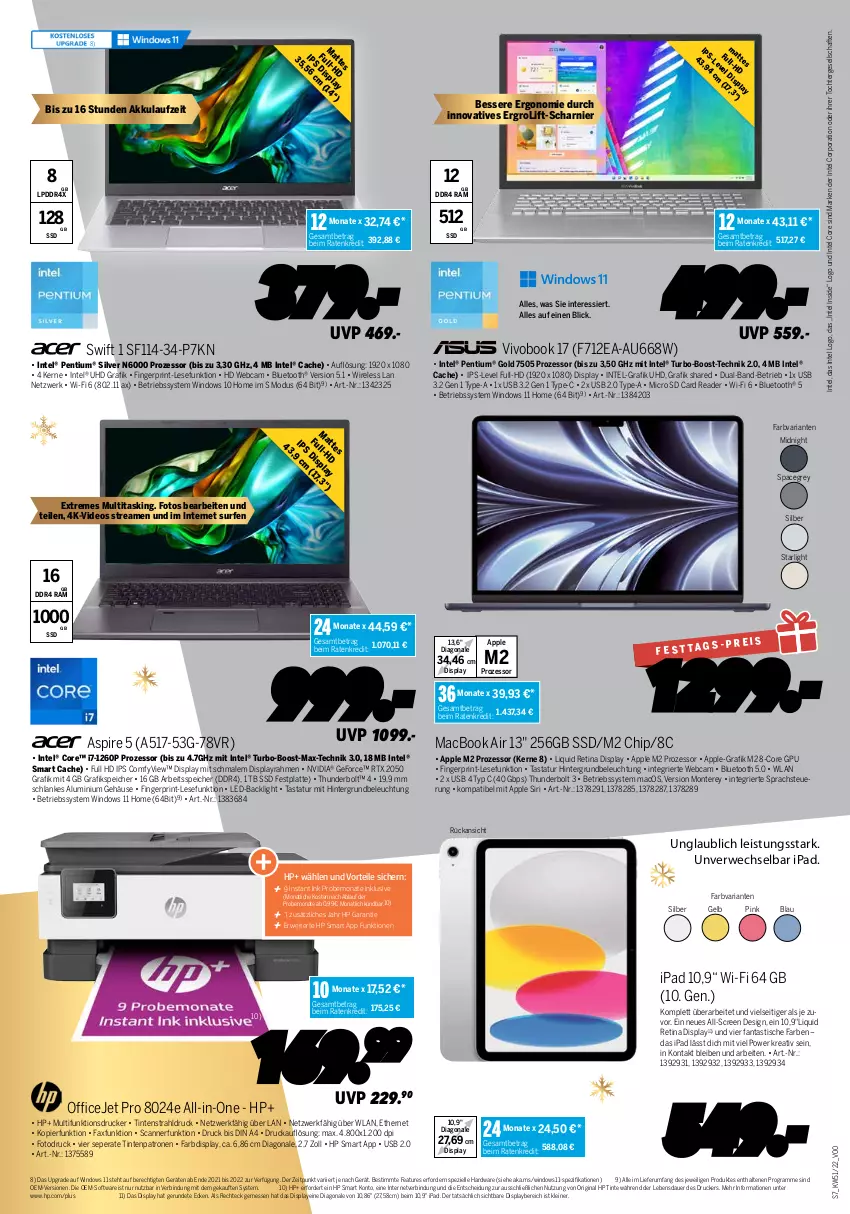 Aktueller Prospekt Medimax - MEDIMAX Prospekt KW51 2022 - von 16.12 bis 22.12.2022 - strona 7 - produkty: akku, Apple, asti, auer, beleuchtung, Betriebssystem, deo, din a4, drucker, eis, elle, erde, fanta, festplatte, geforce, gin, hardware, HP, Intel, ipad, latte, leine, mac, macbook, macbook air, monte, multifunktionsdrucker, nerf, nvidia, office, OfficeJet, Pentium, reis, rel, Ria, rtx, rum, rwe, Scanner, Software, Spezi, ssd, starlight, Surf, Tastatur, Ti, Tintenpatrone, tisch, uhd, usb, VivoBook