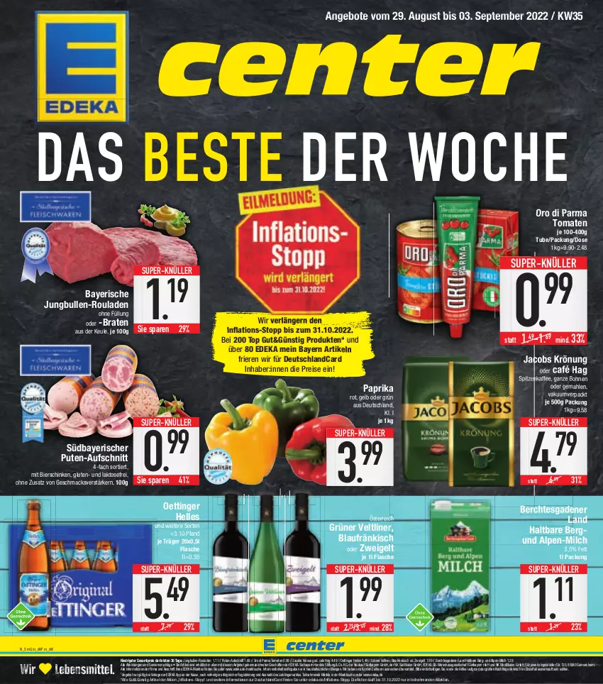 Aktueller Prospekt E Center - Angebote der Woche - von 29.08 bis 03.09.2022 - strona 1 - produkty: angebot, angebote, aufschnitt, bier, bierschinken, bohne, bohnen, braten, deka, deutschlandcard, eis, elle, flasche, grüner veltliner, jacobs, jacobs krönung, jungbullen, kaffee, lebensmittel, LG, mac, milch, oettinger, oro di parma, paprika, pute, reis, rouladen, schinken, super-knüller, Ti, tomate, tomaten, ZTE, Zweigelt