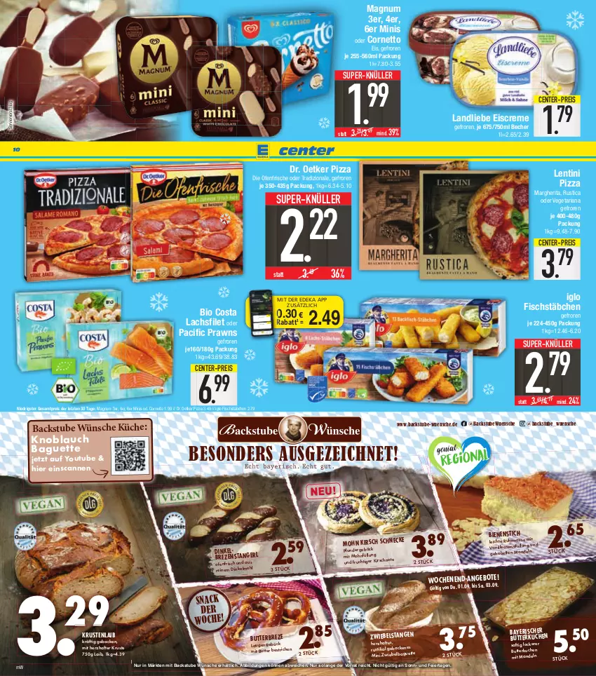 Aktueller Prospekt E Center - Angebote der Woche - von 29.08 bis 03.09.2022 - strona 10 - produkty: Becher, bio, butter, Cif, cornetto, coupon, creme, deka, die ofenfrische, Dr. Oetker, eier, eis, eiscreme, ente, filet, fisch, fischstäbchen, frucht, geback, iglo, kirsch, knoblauch, küche, kuchen, lachs, lachsfilet, landliebe, landliebe eiscreme, magnum, mandel, mandeln, margherita, nuss, Ofen, pizza, Plunder, prawns, reis, Ria, saft, snack, stube, super-knüller, Ti, tradizionale, vanille, Vegeta, Yo, ZTE, zwiebel