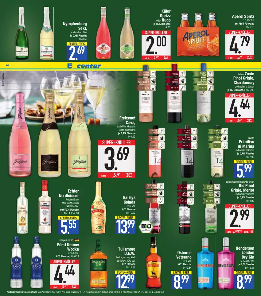 Aktueller Prospekt E Center - Angebote der Woche - von 29.08 bis 03.09.2022 - strona 16 - produkty: alkohol, antipasti, aperitif, aperol, asti, baileys, bio, Cava, chardonnay, cola, doppelkorn, dry gin, eis, elle, enders, ente, fisch, flasche, fleisch, freixenet, frucht, Geflügel, gin, hugo, irish whiskey, käfer, korn, latte, LG, london dry, london dry gin, merl, merlot, nudel, Nudelgericht, osborne, pasta, Pinot, pinot grigio, primitivo, reis, salat, salate, sekt, Sprizz, steak, super-knüller, Ti, tullamore, veterano, vorspeise, whiskey, Wild, wodka, zonin, ZTE