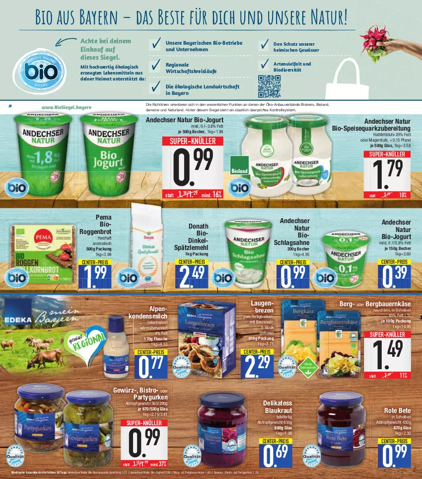 Aktueller Prospekt E Center - Angebote der Woche - von 29.08 bis 03.09.2022 - strona 8 - produkty: andechser natur, auer, Bau, Bauer, Becher, bio, bio-joghurt, bioland, brezel, brot, eis, ente, flasche, gewürz, gurke, gurken, joghur, joghurt, jogurt, Käse, kondensmilch, Kraut, lebensmittel, mehl, milch, natur, naturland, quark, reis, rote bete, sahne, salz, schlagsahne, Spätzlemehl, speisequark, super-knüller, Ti, Tiere, tisch, ZTE