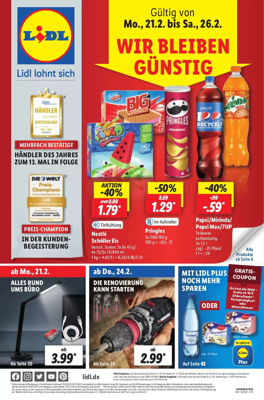 Aktueller Prospekt Lidl - Aktionsprospekt - von 21.02 bis 26.02.2022 - strona 1 - produkty: 7UP, Alwa, angebot, angebote, Bad, bio, champion, coupon, discount, eis, elle, erde, joghur, joghurt, lebensmittel, LG, Liege, mineralwasser, Mirinda, nestlé, nestlé schöller, pepsi, pril, pringles, Rauch, reis, rind, ring, Schöller, teller, Ti, wasser