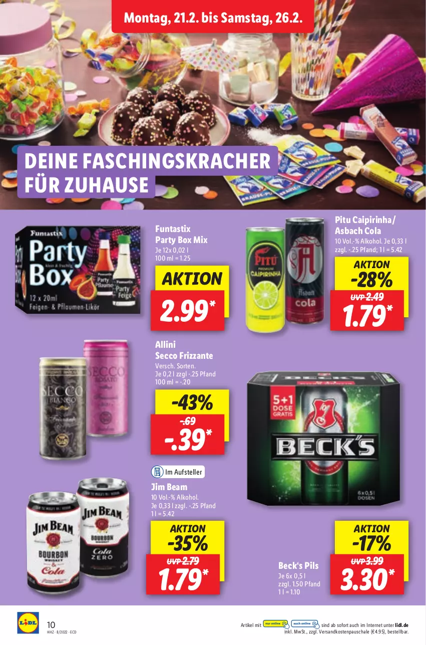 Aktueller Prospekt Lidl - Aktionsprospekt - von 21.02 bis 26.02.2022 - strona 10 - produkty: alkohol, asti, caipirinha, cola, ecco, elle, frizzante, jim beam, kracher, ndk, pils, Schal, Schale, teller, Ti