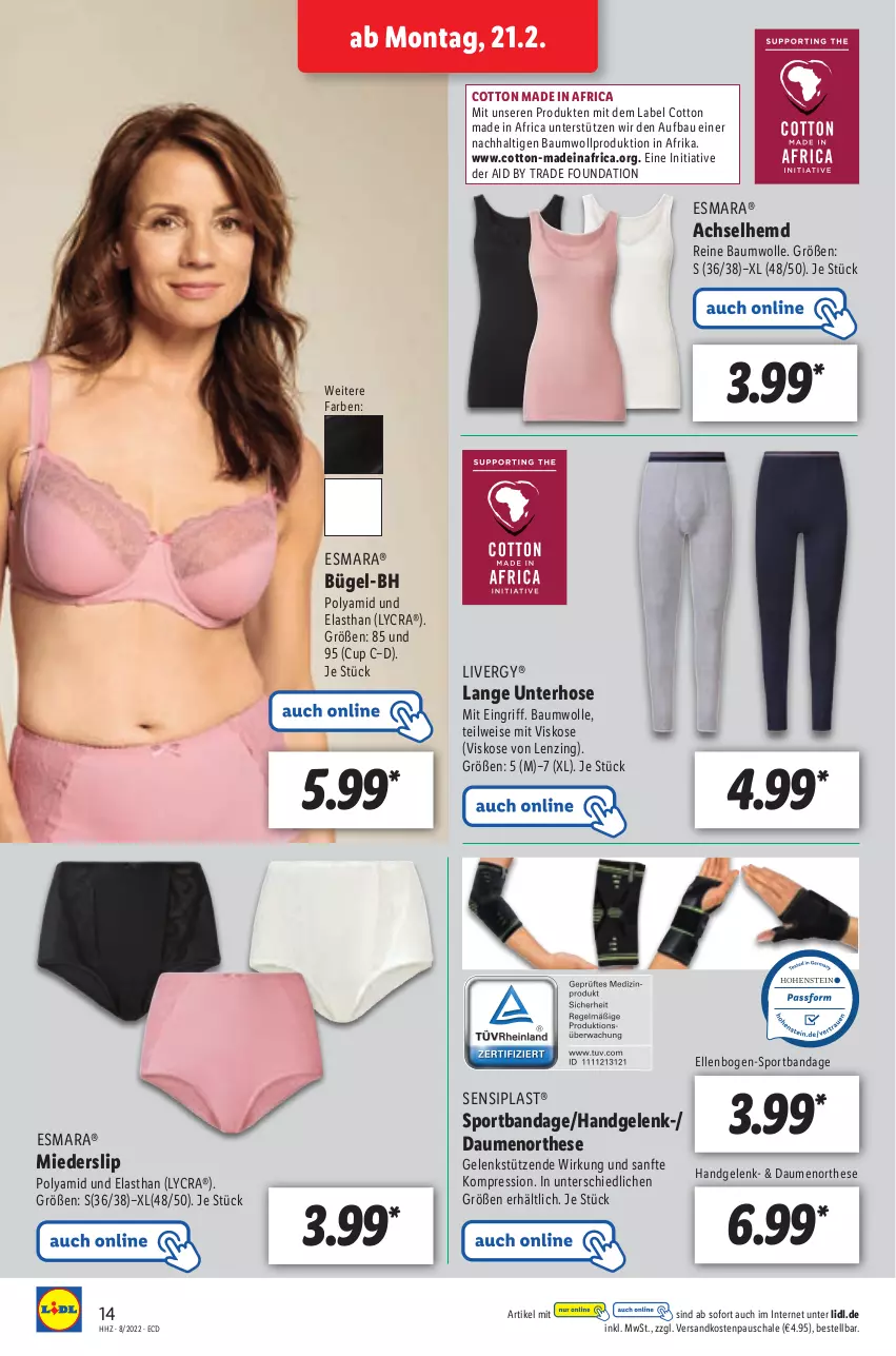 Aktueller Prospekt Lidl - Aktionsprospekt - von 21.02 bis 26.02.2022 - strona 14 - produkty: achselhemd, Bau, baumwolle, eis, elle, esmara, hemd, hose, lenzing, livergy, ndk, reine baumwolle, Schal, Schale, slip, Sport, Ti, wolle