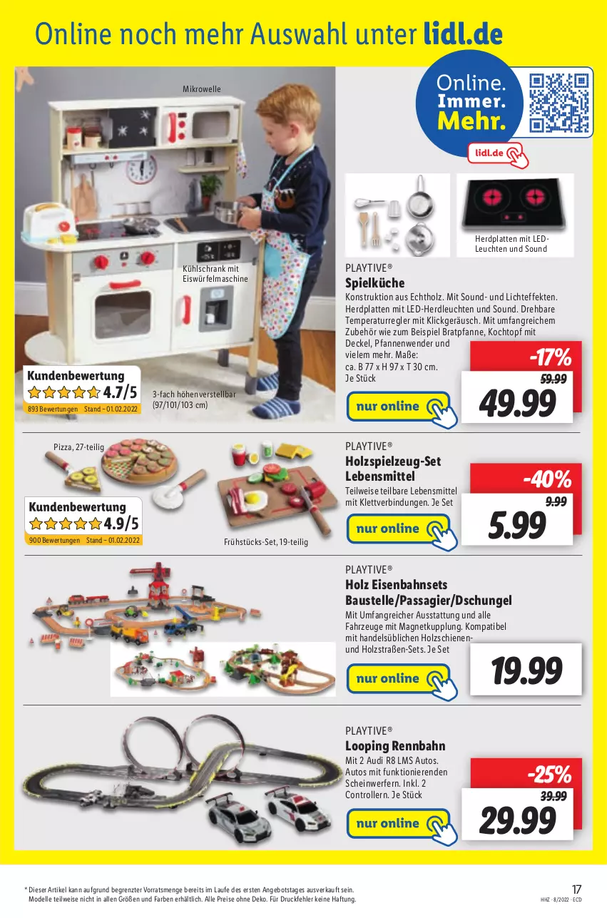 Aktueller Prospekt Lidl - Aktionsprospekt - von 21.02 bis 26.02.2022 - strona 17 - produkty: angebot, aust, auto, Bau, bratpfanne, decke, Deckel, dell, eis, Eisenbahn, eiswürfel, elle, Frühstücks-Set, Holz, Kochtopf, küche, kühlschrank, kühlschrank mit, latte, lebensmittel, Leuchte, leuchten, mikrowelle, Mode, pfanne, pfannen, Pfannenwender, pizza, reis, Roller, Schrank, Spielküche, spielzeug, Ti, topf, würfel, ZTE