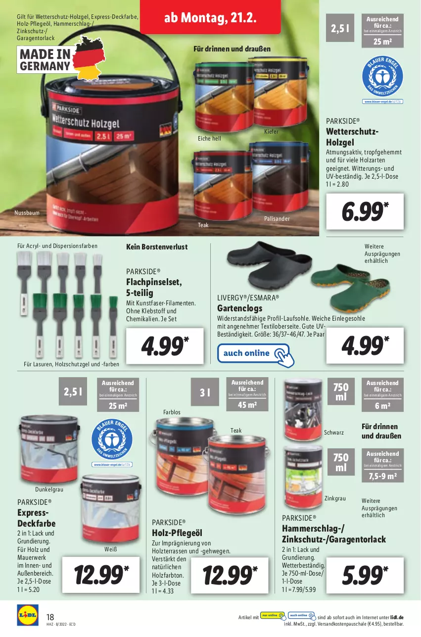 Aktueller Prospekt Lidl - Aktionsprospekt - von 21.02 bis 26.02.2022 - strona 18 - produkty: auer, Bau, Clogs, ente, esmara, Garten, Holz, holzschutz, HP, lack, LG, livergy, ndk, nuss, Parkside, Pflegeöl, Pinsel, Pinselset, rwe, Schal, Schale, ssd, Ti, ZTE