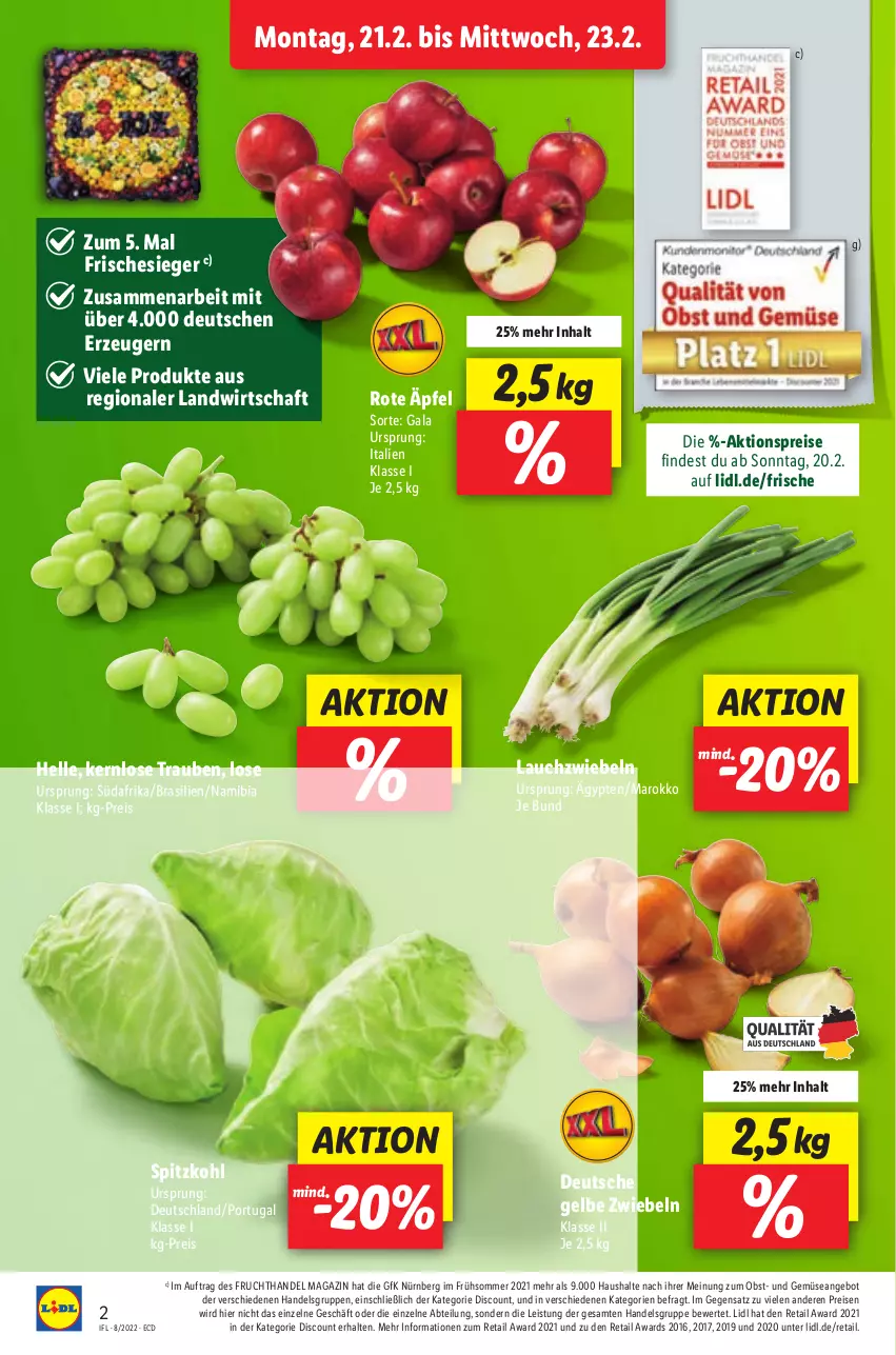 Aktueller Prospekt Lidl - Aktionsprospekt - von 21.02 bis 26.02.2022 - strona 2 - produkty: Abtei, aktionspreis, angebot, discount, eis, elle, frucht, Lauchzwiebel, lauchzwiebeln, magazin, obst, reis, spitzkohl, Ti, trauben, und gemüse, zwiebel, zwiebeln