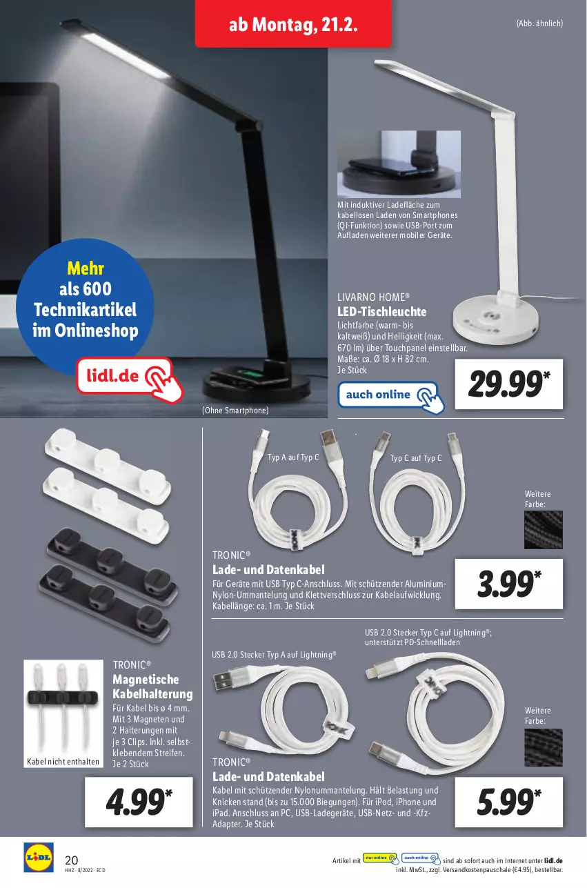 Aktueller Prospekt Lidl - Aktionsprospekt - von 21.02 bis 26.02.2022 - strona 20 - produkty: adapter, HP, ipad, iphone, ladegerät, led-tischleuchte, Leuchte, Mantel, ndk, reifen, Schal, Schale, smartphone, smartphones, Ti, tisch, tischleuchte, usb, WICK