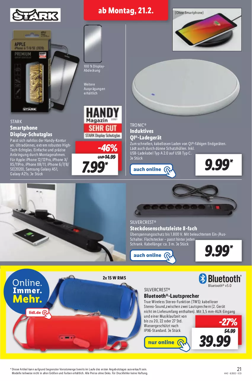 Aktueller Prospekt Lidl - Aktionsprospekt - von 21.02 bis 26.02.2022 - strona 21 - produkty: angebot, Apple, apple iphone, bluetooth®-lautsprecher, deka, dell, eis, elle, Handy, iphone, IPhone 12, IPhone 6, IPhone X, iphone xr, lachs, ladegerät, ladekabel, lautsprecher, Leuchte, Mode, reis, rel, ring, rum, Samsung, samsung galaxy, Samsung Galaxy A, Samsung Galaxy A51, Schal, Schrank, silvercrest, smartphone, steckdose, Ti, usb, wasser, ZTE