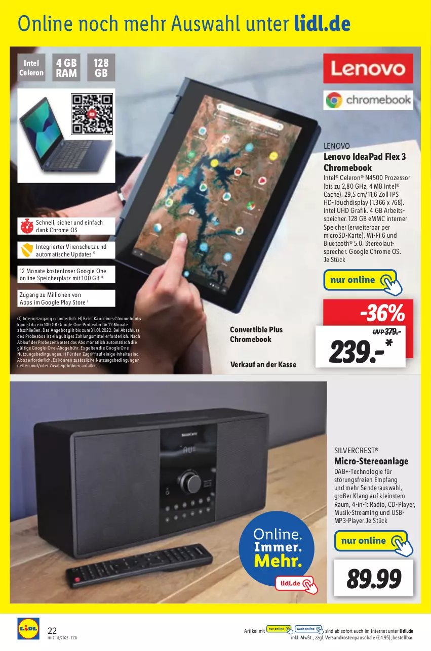 Aktueller Prospekt Lidl - Aktionsprospekt - von 21.02 bis 26.02.2022 - strona 22 - produkty: angebot, auto, celeron, google play, Intel, lautsprecher, lenovo, lion, microsd, Mp3, ndk, Radio, rwe, Schal, Schale, silvercrest, Ti, tisch, uhd, usb