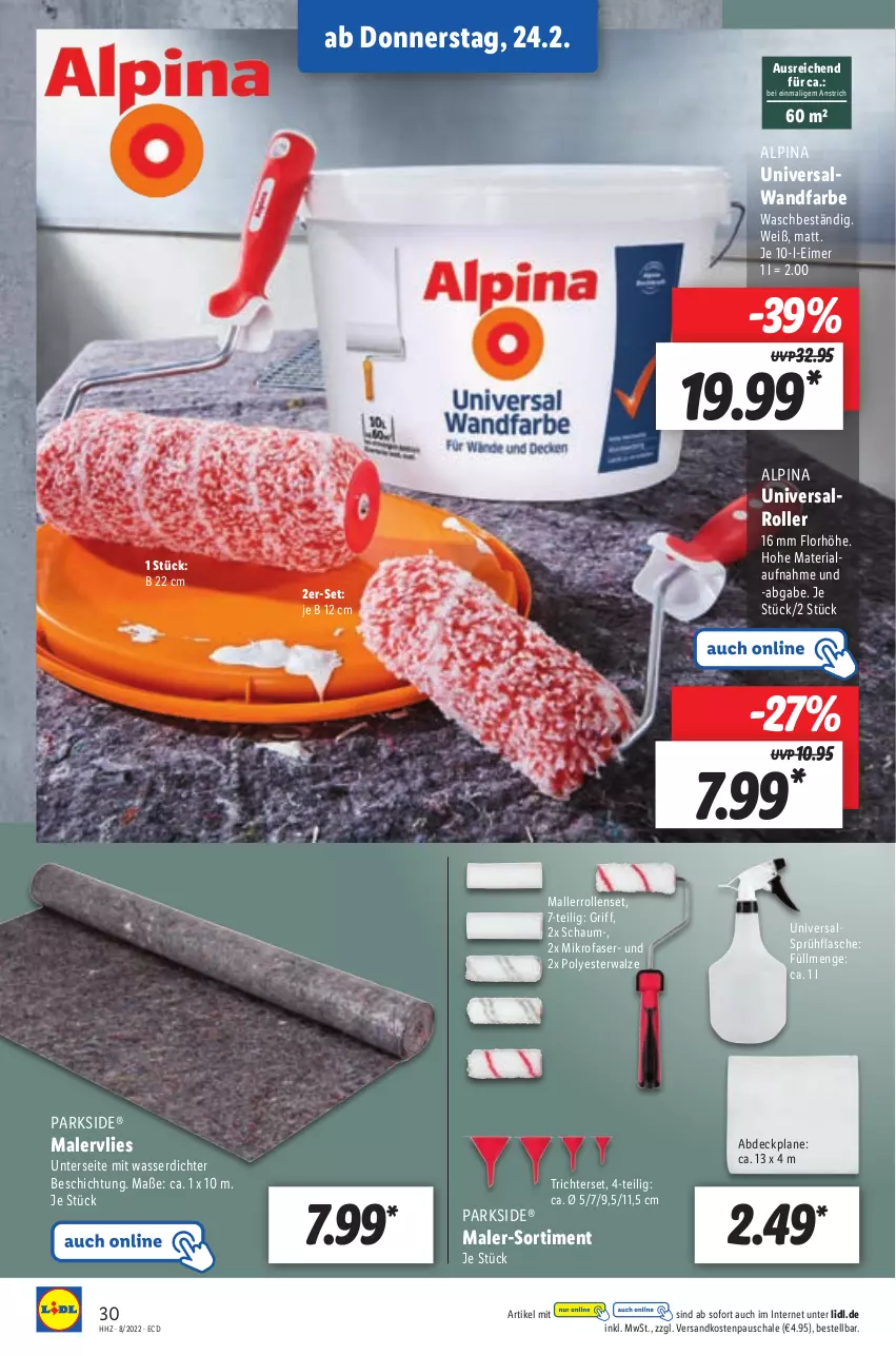 Aktueller Prospekt Lidl - Aktionsprospekt - von 21.02 bis 26.02.2022 - strona 30 - produkty: abdeckplane, alpina, Alwa, eimer, flasche, mikrofaser, ndk, Parkside, Ria, Roller, Schal, Schale, sprühflasche, Ti, wasser