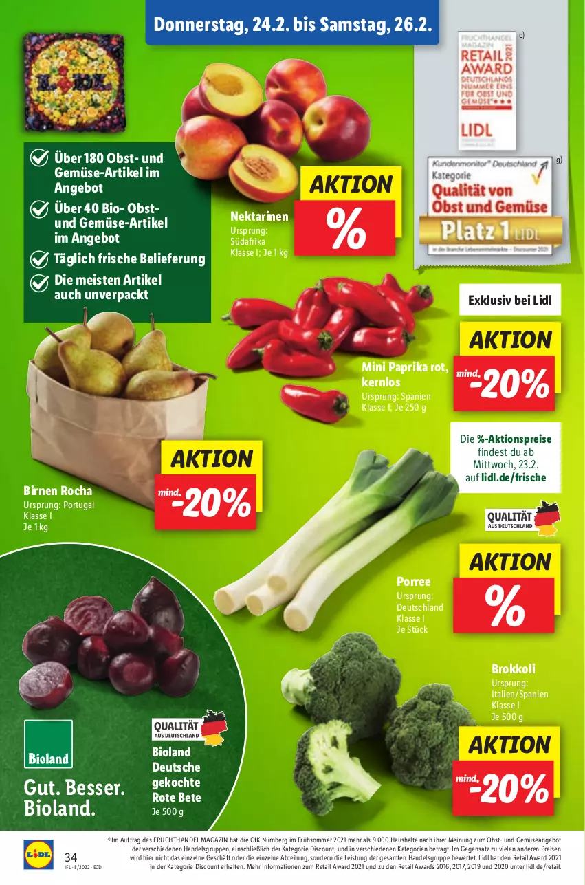 Aktueller Prospekt Lidl - Aktionsprospekt - von 21.02 bis 26.02.2022 - strona 34 - produkty: Abtei, aktionspreis, angebot, bio, bioland, Birnen, brokkoli, discount, eis, frucht, magazin, Nektar, nektarinen, obst, paprika, paprika rot, reis, rote bete, Ti, und gemüse