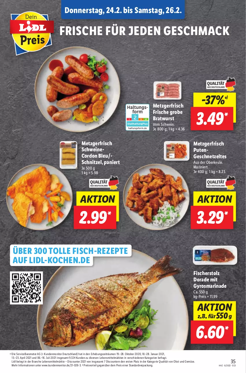 Aktueller Prospekt Lidl - Aktionsprospekt - von 21.02 bis 26.02.2022 - strona 35 - produkty: bratwurst, cordon bleu, discount, Dorade, eis, fisch, fische, Fischer, geschnetzeltes, grobe bratwurst, gyros, lebensmittel, mac, marinade, monitor, obst, Obst und Gemüse, preisvorteil, pril, pute, Putengeschnetzeltes, reis, rezept, rezepte, rosmarin, schnitzel, schwein, schweine, Ti, und gemüse, wein, weine, wurst, Zelt