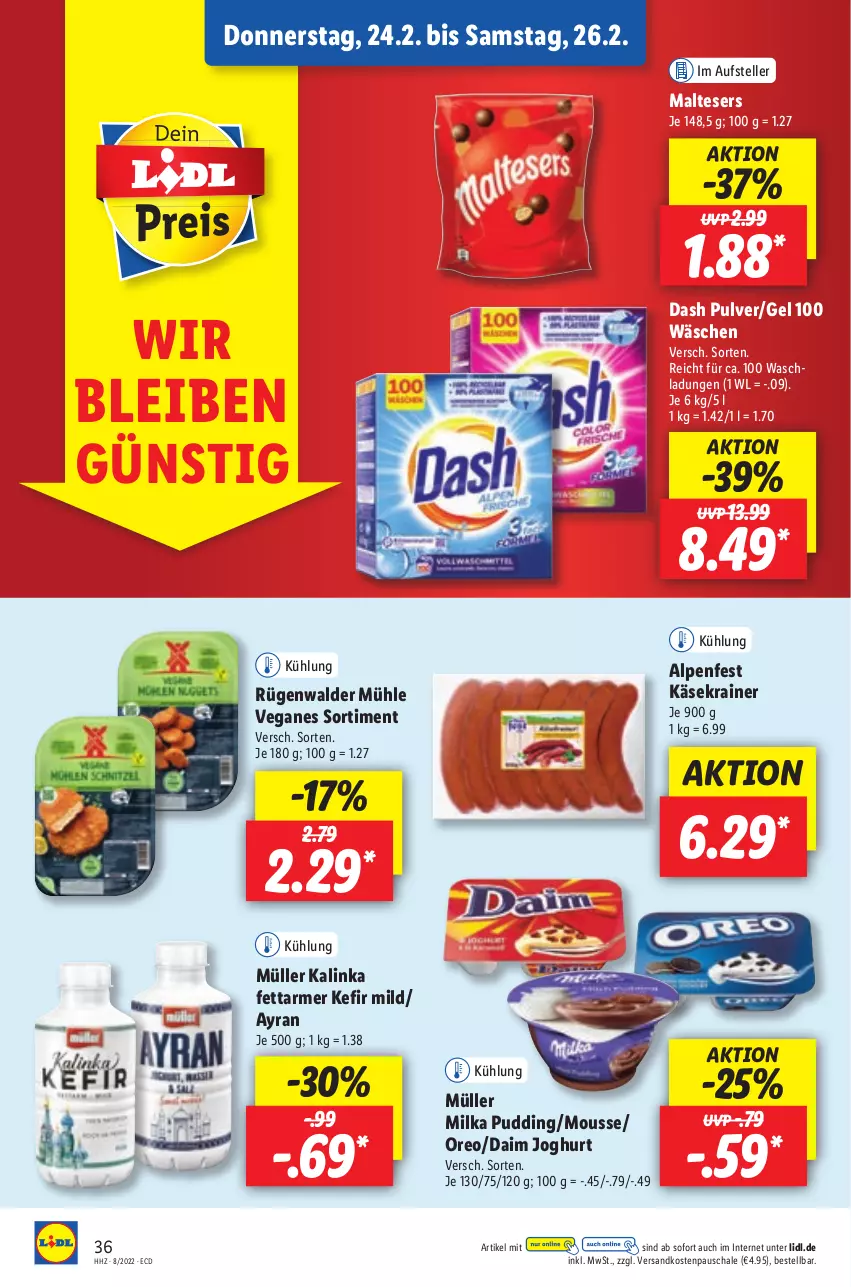 Aktueller Prospekt Lidl - Aktionsprospekt - von 21.02 bis 26.02.2022 - strona 36 - produkty: Ayran, daim, elle, joghur, joghurt, Käse, Käsekrainer, Kefir, malteser, milka, mousse, Müller, ndk, oreo, pudding, rügenwalder, rügenwalder mühle, Schal, Schale, teller, Ti