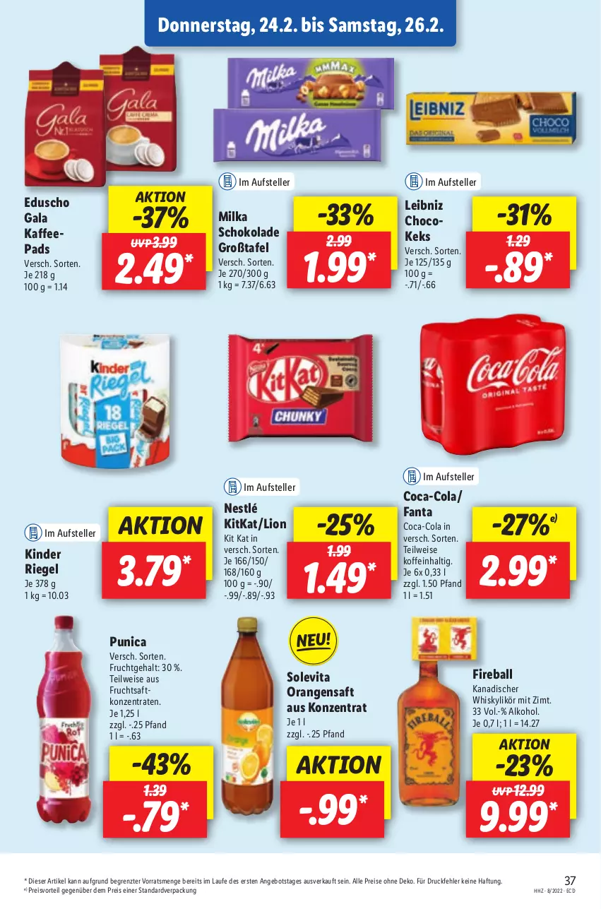 Aktueller Prospekt Lidl - Aktionsprospekt - von 21.02 bis 26.02.2022 - strona 37 - produkty: alkohol, angebot, ball, coca-cola, cola, eduscho, eis, elle, fanta, frucht, fruchtsaft, kaffee, kaffeepads, keks, Kinder, kinder riegel, Kit Kat, kitkat, leibniz, likör, lion, milka, milka schokolade, nestlé, orange, orangen, orangensaft, preisvorteil, punica, reis, riegel, saft, schoko, schokolade, teller, Ti, vita, whisky, ZTE