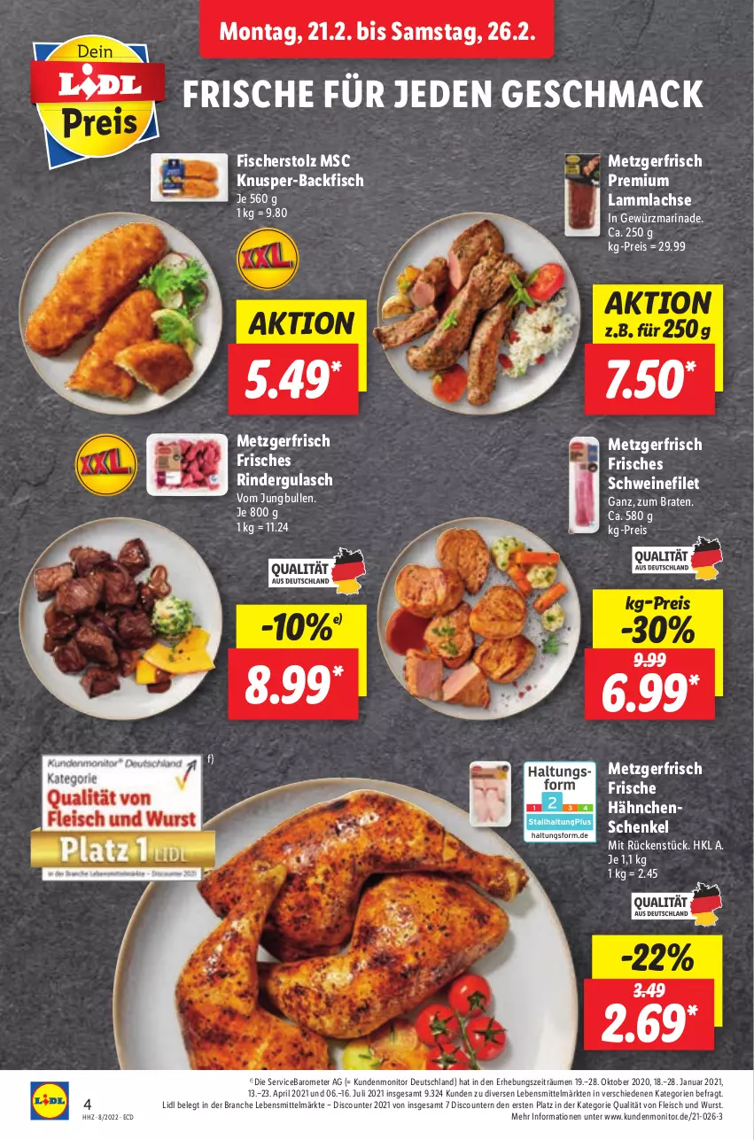 Aktueller Prospekt Lidl - Aktionsprospekt - von 21.02 bis 26.02.2022 - strona 4 - produkty: backfisch, braten, discount, eis, filet, fisch, fische, Fischer, fleisch, Frische Hähnchen, gewürz, gulasch, hähnchenschenkel, henkel, jungbullen, lachs, lamm, lammlachse, lebensmittel, mac, marinade, monitor, pril, reis, rind, rinder, rindergulasch, schenkel, schwein, schweine, schweinefilet, Ti, wein, weine, wurst