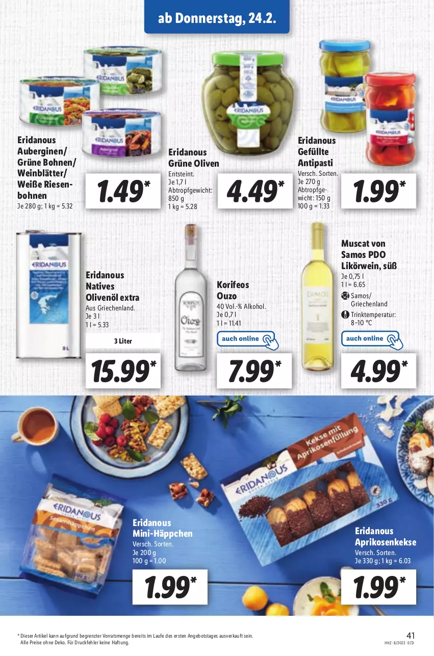 Aktueller Prospekt Lidl - Aktionsprospekt - von 21.02 bis 26.02.2022 - strona 41 - produkty: alkohol, angebot, antipasti, aprikose, aprikosen, asti, aubergine, auberginen, bohne, bohnen, eis, gin, grüne bohnen, grüne oliven, keks, kekse, likör, muscat, natives olivenöl, olive, oliven, olivenöl, olivenöl extra, ouzo, reis, rwe, Ti, wein, ZTE