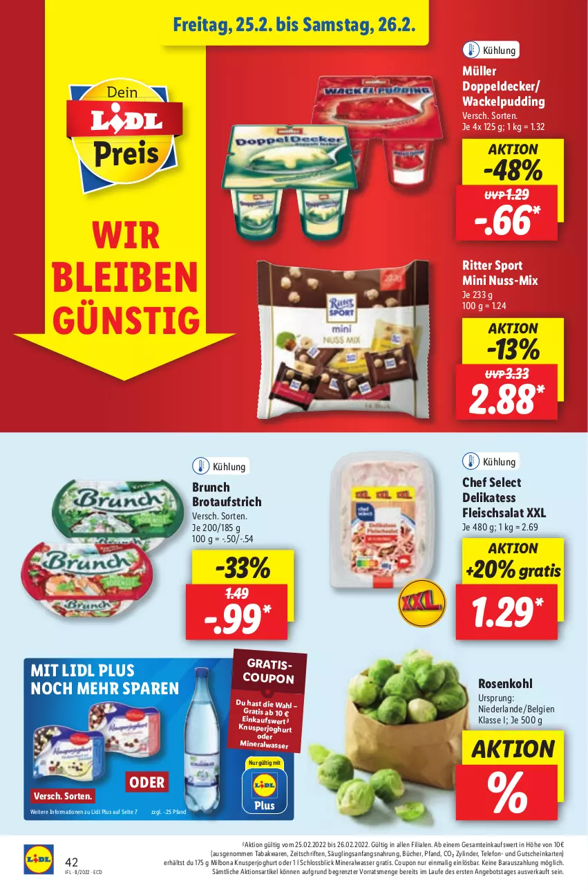 Aktueller Prospekt Lidl - Aktionsprospekt - von 21.02 bis 26.02.2022 - strona 42 - produkty: Alwa, angebot, aufstrich, Bona, brot, brotaufstrich, coupon, decke, eis, fleisch, fleischsalat, gutschein, joghur, joghurt, LG, Milbona, mineralwasser, Müller, nuss, pudding, ritter, ritter sport, rosen, Rosenkohl, salat, Sport, telefon, Ti, wasser, ZTE