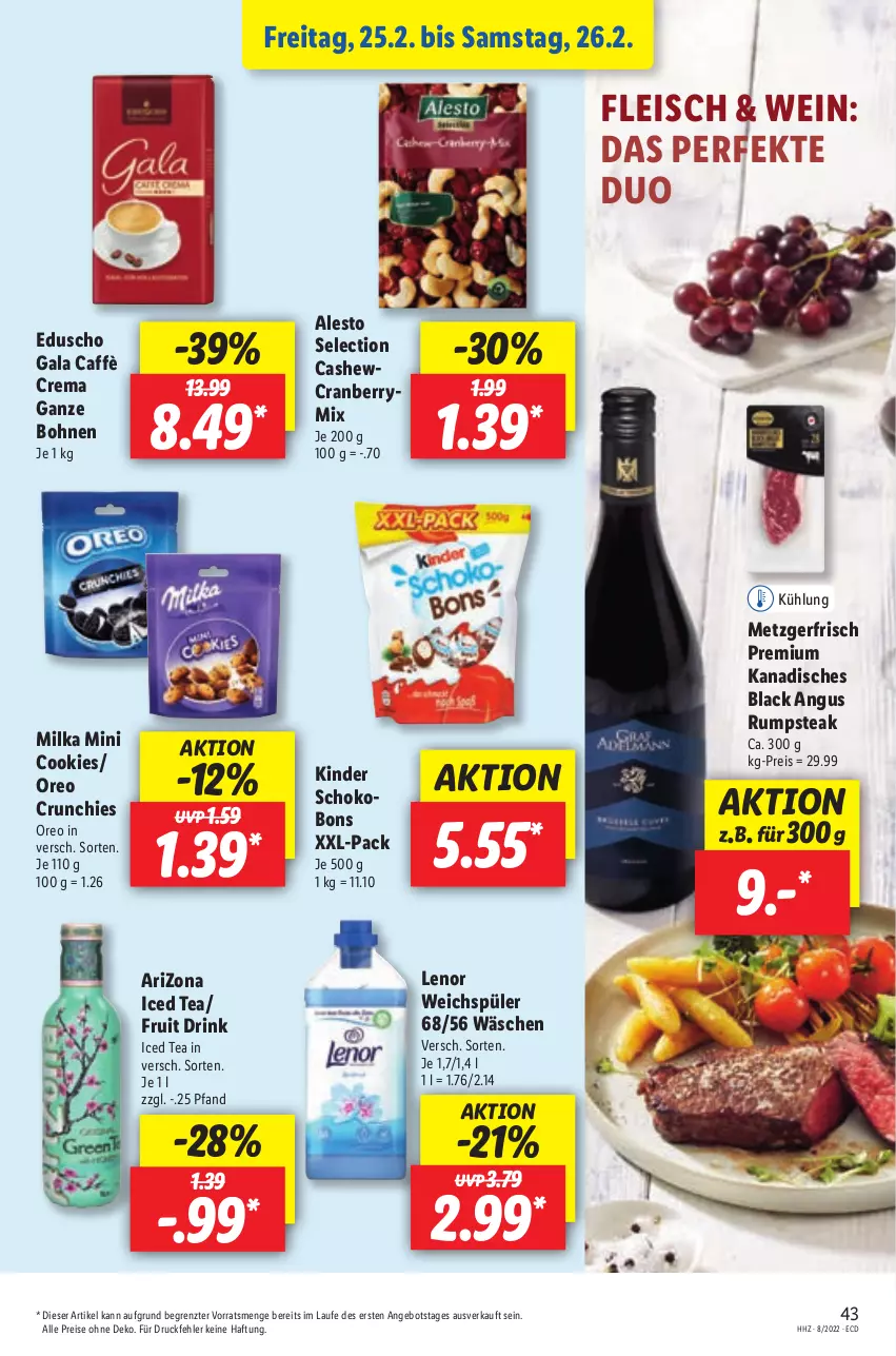 Aktueller Prospekt Lidl - Aktionsprospekt - von 21.02 bis 26.02.2022 - strona 43 - produkty: alesto, angebot, bohne, bohnen, caffè crema, Cashew, cookie, cookies, cranberry, drink, eduscho, eis, fleisch, Kinder, Kinder Schokobons, lack, lenor, lenor weichspüler, milka, oreo, reis, rum, rumpsteak, schoko, steak, Ti, weichspüler, wein, ZTE