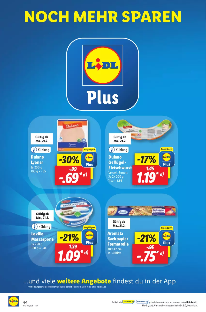 Aktueller Prospekt Lidl - Aktionsprospekt - von 21.02 bis 26.02.2022 - strona 44 - produkty: angebot, angebote, dulano, eis, fleisch, fleischwurst, Geflügel, lyoner, mascarpone, ndk, papier, Schal, Schale, Ti, wurst, Yo