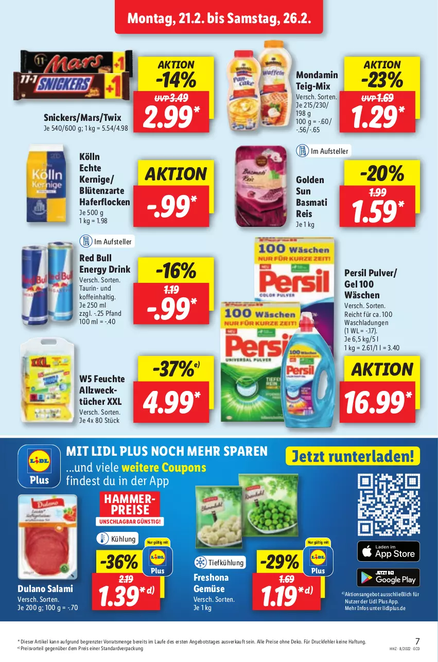 Aktueller Prospekt Lidl - Aktionsprospekt - von 21.02 bis 26.02.2022 - strona 7 - produkty: Allzwecktücher, angebot, basmati, Basmati Reis, Blüte, coupon, coupons, drink, dulano, eis, elle, energy drink, hafer, haferflocken, kölln, mars, mondamin, persil, preisvorteil, red bull, reis, salami, snickers, teller, Ti, tücher, twix, weck, ZTE