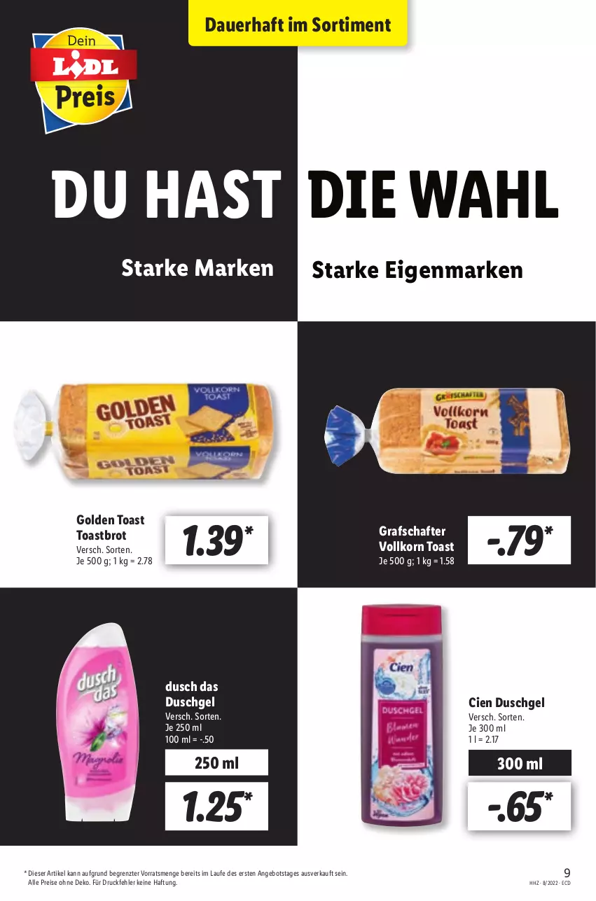 Aktueller Prospekt Lidl - Aktionsprospekt - von 21.02 bis 26.02.2022 - strona 9 - produkty: angebot, auer, brot, Cien, duschgel, eis, golden toast, grafschafter, korn, reis, Ti, toast, Toastbrot, ZTE