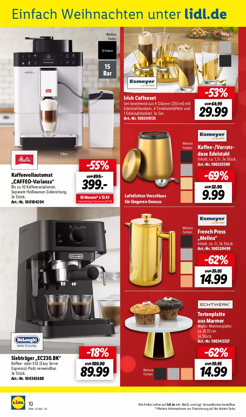 Aktueller Prospekt Lidl - Aktuelle Onlineshop-Highlights - von 01.12 bis 31.12.2022 - strona 10 - produkty: auto, caffe, edelstahl, espresso, Gläser, henkel, kaffee, kaffeevollautomat, latte, Löffel, ndk, nuss, Ria, rwe, tablet, tablett, Ti, torte, wasser, weihnachten, ZTE