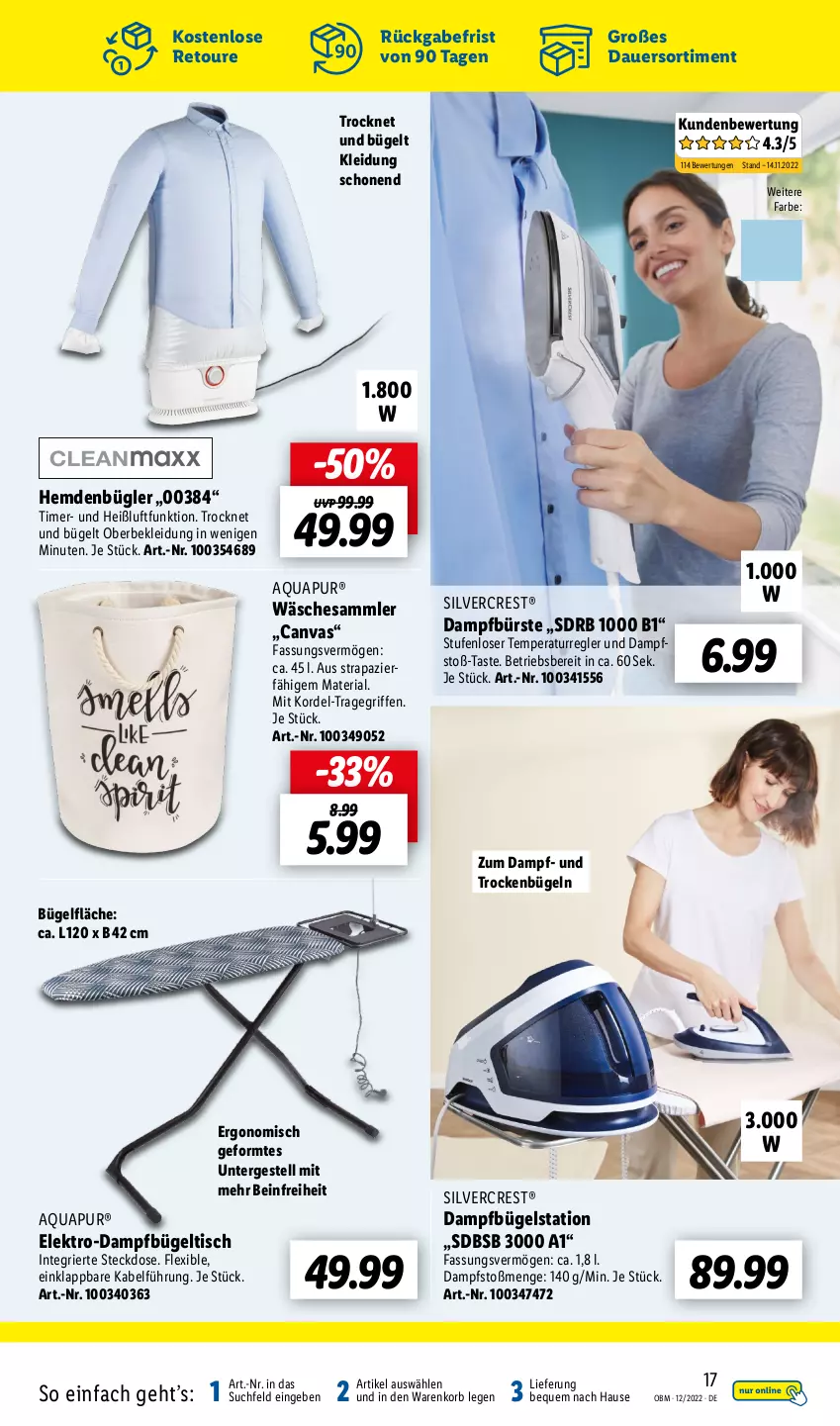 Aktueller Prospekt Lidl - Aktuelle Onlineshop-Highlights - von 01.12 bis 31.12.2022 - strona 17 - produkty: aqua, AquaPur, auer, bügel, Bügelstation, bügeltisch, bürste, dampfbügelstation, Elektro, hemd, hemden, kleid, Kleidung, korb, Ria, silvercrest, steckdose, Ti, timer, tisch, tragegriff