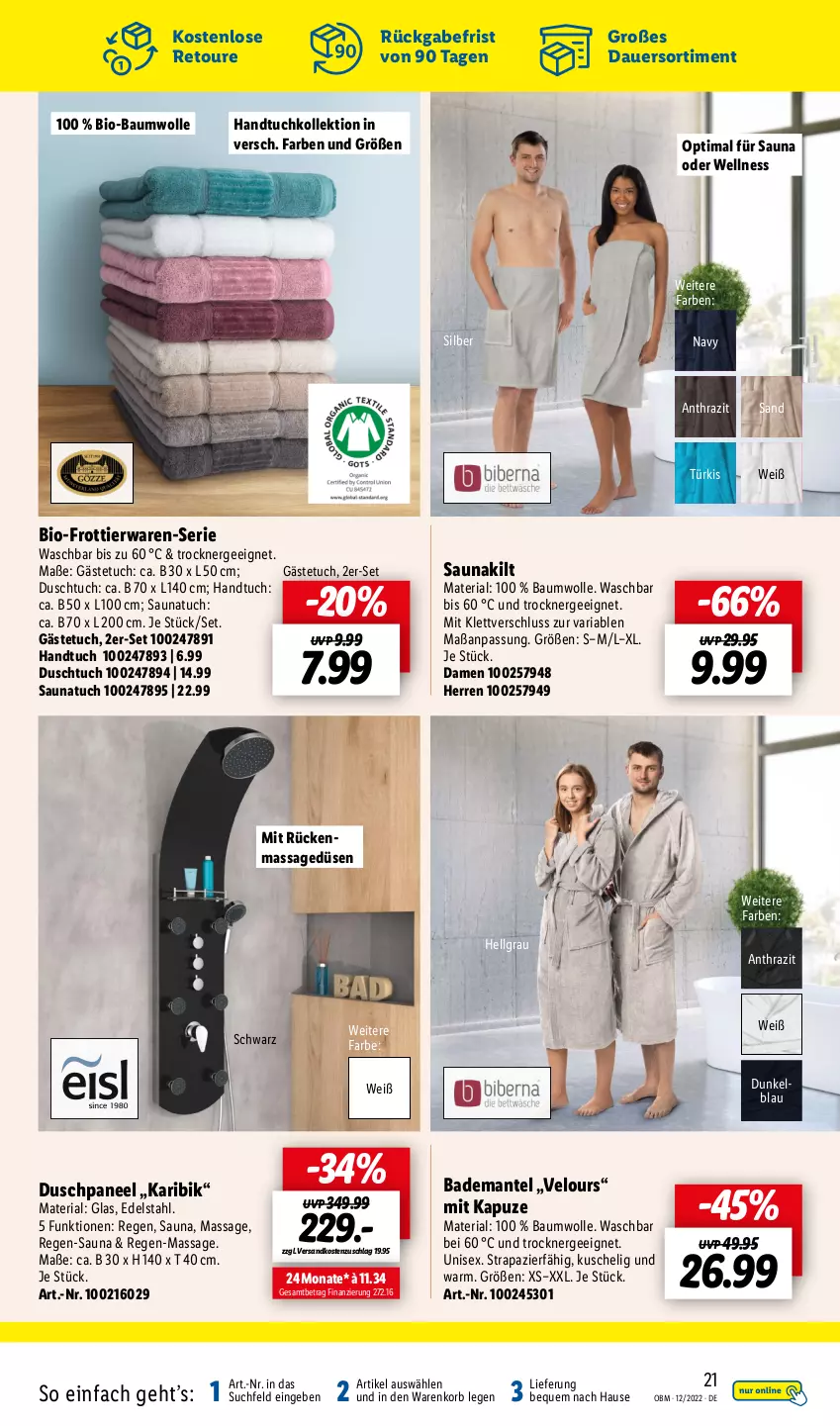 Aktueller Prospekt Lidl - Aktuelle Onlineshop-Highlights - von 01.12 bis 31.12.2022 - strona 21 - produkty: auer, Bad, Bademantel, Bau, baumwolle, bio, bio-baumwolle, duschtuch, edelstahl, Ergee, gästetuch, handtuch, HP, korb, LG, Mantel, ndk, paneel, Ria, Saunakilt, Saunatuch, Ti, Trockner, tuc, wolle