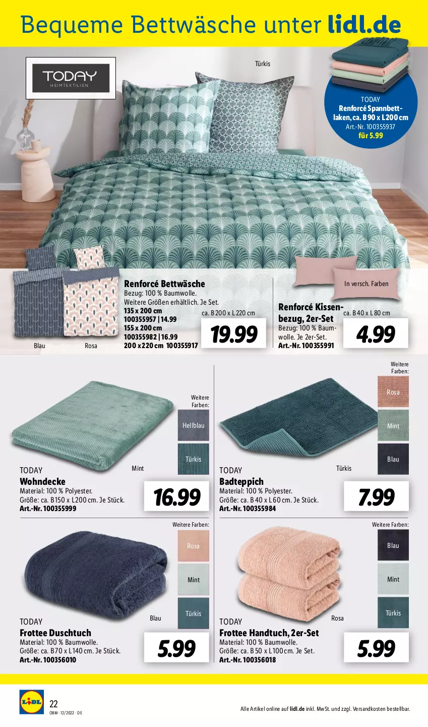 Aktueller Prospekt Lidl - Aktuelle Onlineshop-Highlights - von 01.12 bis 31.12.2022 - strona 22 - produkty: Bad, badteppich, Bau, baumwolle, bett, bettwäsche, decke, duschtuch, handtuch, heimtextilien, kissen, mint, ndk, Ria, spannbettlaken, tee, teppich, Ti, tuc, wolle