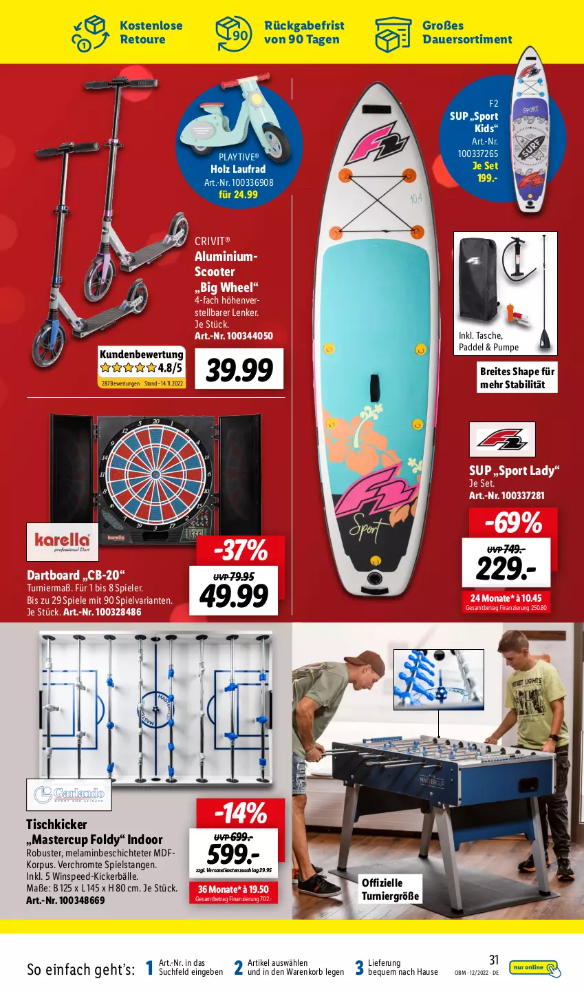 Aktueller Prospekt Lidl - Aktuelle Onlineshop-Highlights - von 01.12 bis 31.12.2022 - strona 31 - produkty: auer, Brei, crivit, elle, Holz, korb, Laufrad, ndk, Ria, scooter, spee, Spiele, Sport, Tasche, Ti, tisch