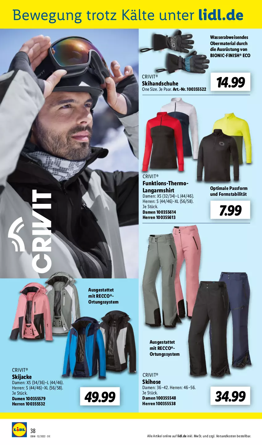 Aktueller Prospekt Lidl - Aktuelle Onlineshop-Highlights - von 01.12 bis 31.12.2022 - strona 38 - produkty: bio, crivit, ecco, eis, Finish, handschuhe, hose, Jacke, Langarmshirt, ndk, Ria, schuhe, shirt, Skihandschuhe, Ti, wasser