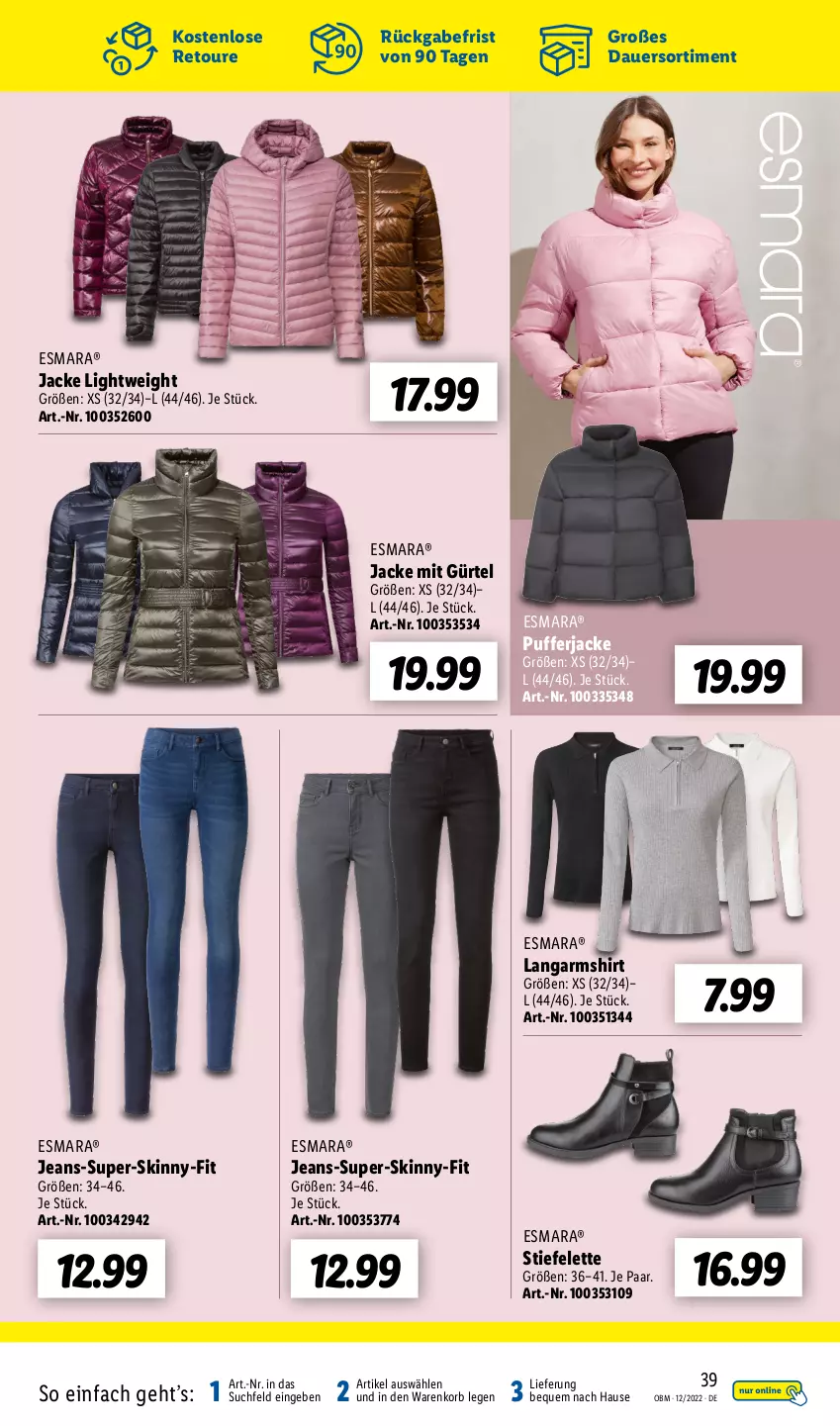 Aktueller Prospekt Lidl - Aktuelle Onlineshop-Highlights - von 01.12 bis 31.12.2022 - strona 39 - produkty: auer, esmara, Jacke, jeans, korb, Langarmshirt, shirt, Ti