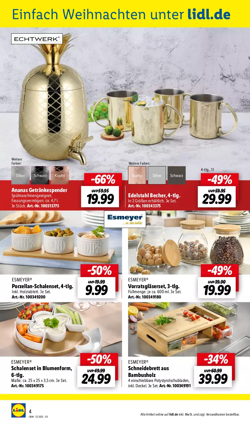 Aktueller Prospekt Lidl - Aktuelle Onlineshop-Highlights - von 01.12 bis 31.12.2022 - strona 4 - produkty: ananas, bambus, Becher, blume, blumen, decke, Deckel, edelstahl, getränk, getränke, getränkespender, Gläser, Holz, LG, ndk, Schal, Schale, schneidebrett, schubladen, spülmaschinen, tablet, tablett, Ti, weihnachten