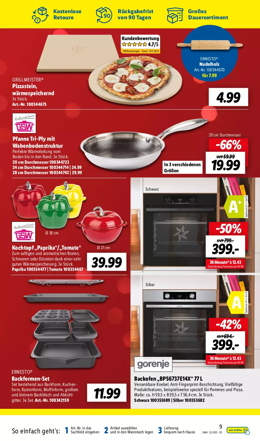 Aktueller Prospekt Lidl - Aktuelle Onlineshop-Highlights - von 01.12 bis 31.12.2022 - strona 9 - produkty: auer, Backform, backofen, braten, eis, ernesto, grill, Holz, Kochtopf, korb, kuchen, leine, LG, Meister, messer, Muffin, Muffinform, nudel, Ofen, paprika, pfanne, pizza, pommes, rum, saft, Spektrum, Spezi, Ti, tisch, tomate, topf