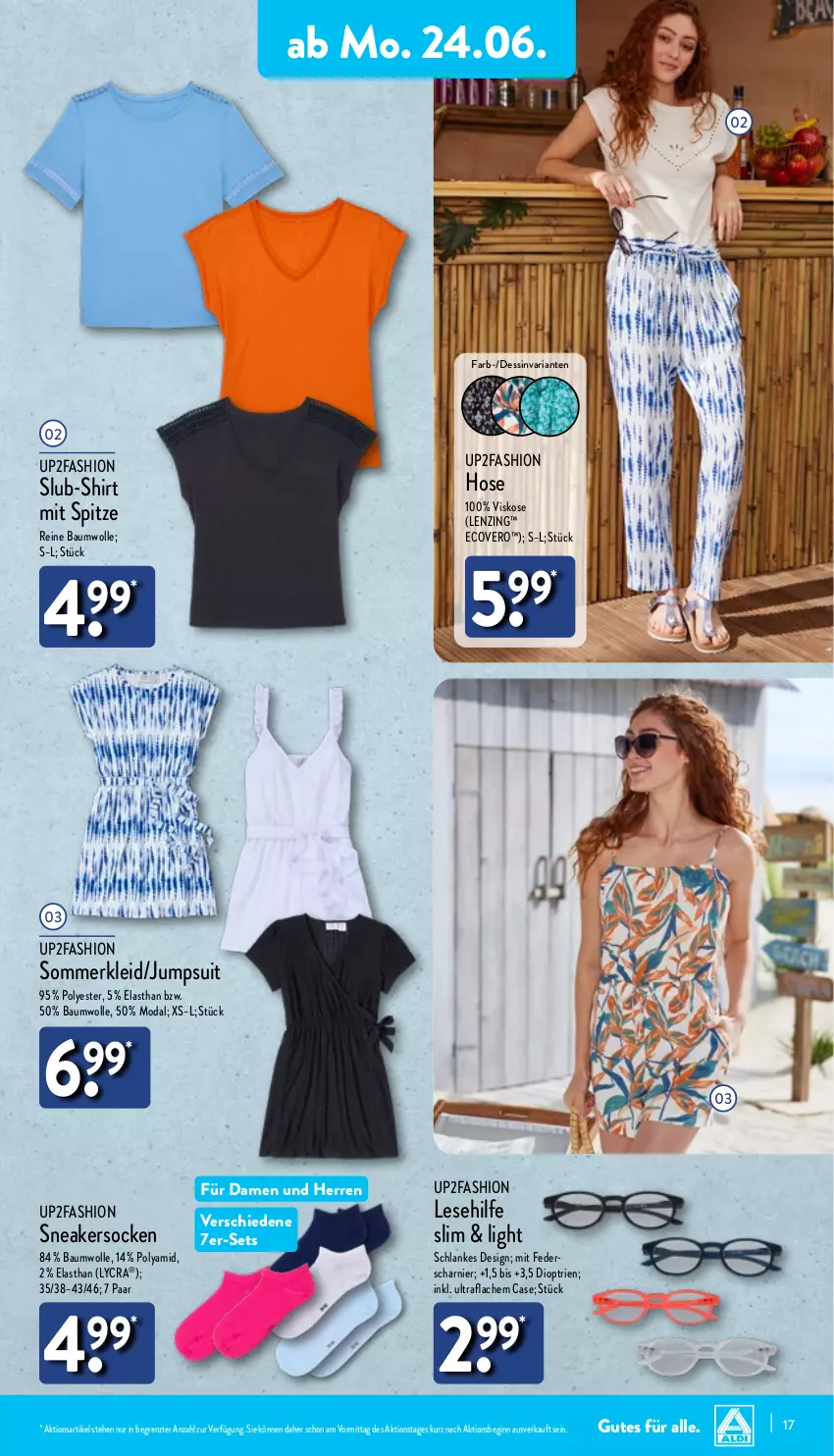 Aktueller Prospekt Aldi Nord - Von Montag - von 24.06 bis 29.06.2024 - strona 17 - produkty: Bau, baumwolle, ecovero, gin, hose, jumpsuit, kleid, lenzing, reine baumwolle, Ria, shirt, sneaker, sneakersocken, socken, Sommerkleid, Ti, up2fashion, wolle, ZTE