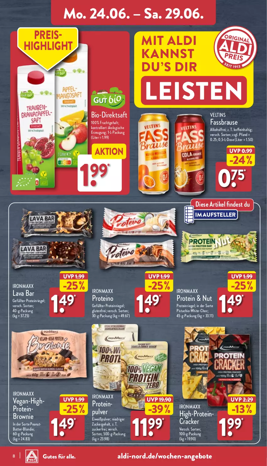 Aktueller Prospekt Aldi Nord - Von Montag - von 24.06 bis 29.06.2024 - strona 8 - produkty: aldi, alkohol, angebot, angebote, bio, brause, brownie, butter, cracker, direktsaft, eis, elle, fassbrause, frucht, HP, reis, riegel, saft, teller, Ti, trolli, veltins, zucker