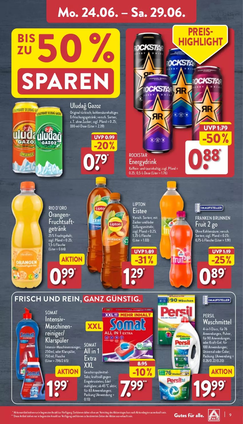 Aktueller Prospekt Aldi Nord - Von Montag - von 24.06 bis 29.06.2024 - strona 9 - produkty: brunnen, drink, eis, eistee, elle, erfrischungsgetränk, flasche, franken brunnen, frucht, fruchtsaft, geschirr, geschirrspülmittel, getränk, gin, klarspüler, kraft, LG, lipton, maschinenreiniger, orange, orangen, persil, persil waschmittel, reiniger, reis, Rockstar, saft, somat, spülmittel, tee, teller, Ti, waschmittel, ZTE, zucker