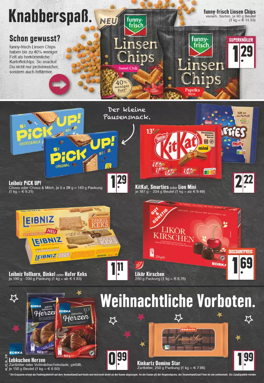 Aktueller Prospekt Edeka - Angebote der Woche - von 03.10 bis 08.10.2022 - strona 16 - produkty: beutel, chips, eis, ente, fisch, funny-frisch, hafer, kartoffel, kartoffelchips, keks, kirsch, kirsche, kirschen, kitkat, korn, leibniz, leine, LG, likör, linsen, lion, milch, schoko, schokolade, smarties, snack, snacks, tee, Ti, vollmilch