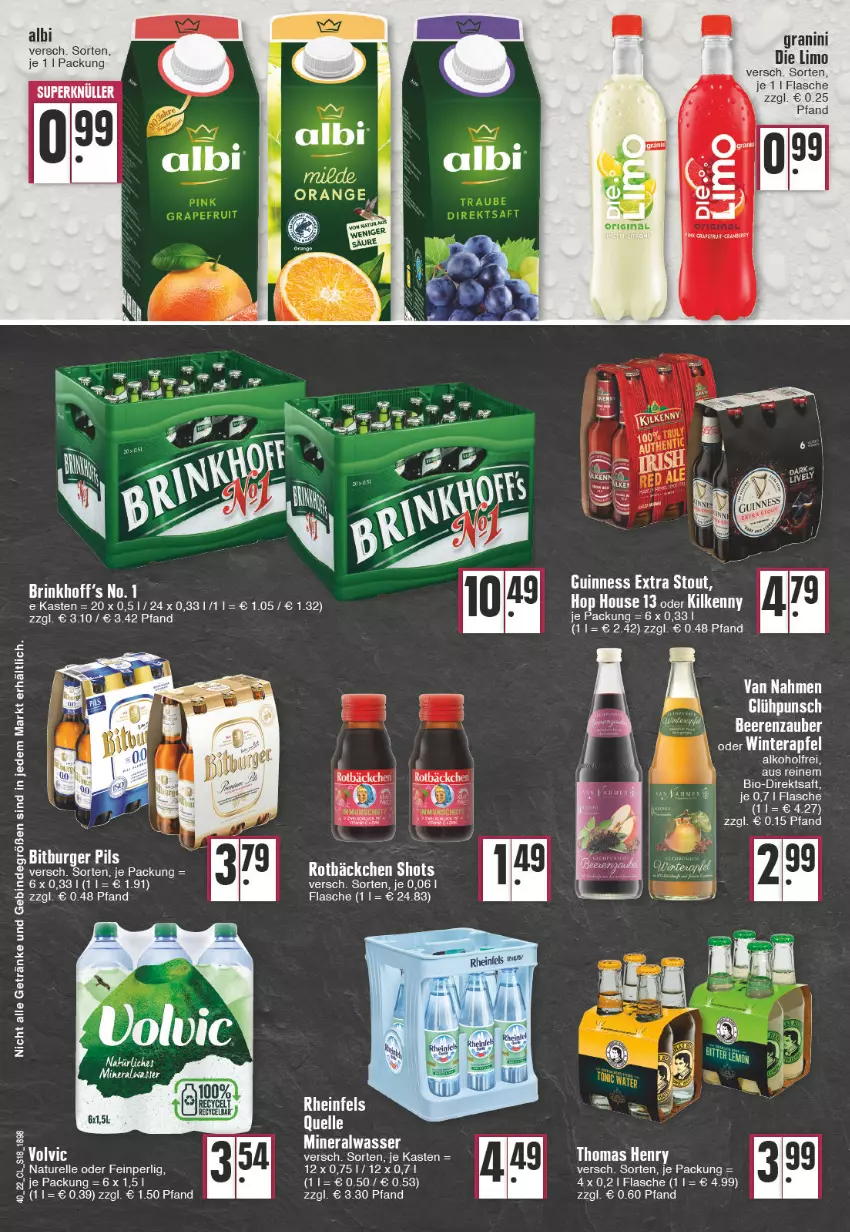 Aktueller Prospekt Edeka - Angebote der Woche - von 03.10 bis 08.10.2022 - strona 18 - produkty: alkohol, Alwa, beere, beeren, elle, flasche, getränk, getränke, granini, Guinness, HP, Kilkenny, limo, mineralwasser, natur, rel, thomas henry, volvic, wasser