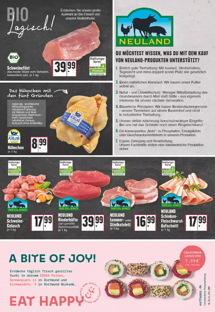 Aktueller Prospekt Edeka - Angebote der Woche - von 03.10 bis 08.10.2022 - strona 19 - produkty: auer, Bau, Bauer, bio, decke, eis, elle, ente, filet, fleisch, fleischwurst, gulasch, kotelett, LG, mac, mais, natur, nuss, reis, rel, rind, rinder, Rinderhüfte, ring, schinken, schwein, schweine, schweinefilet, spitzenqualität, Sushi, Ti, Tiere, wasser, wein, weine, WICK, wurst