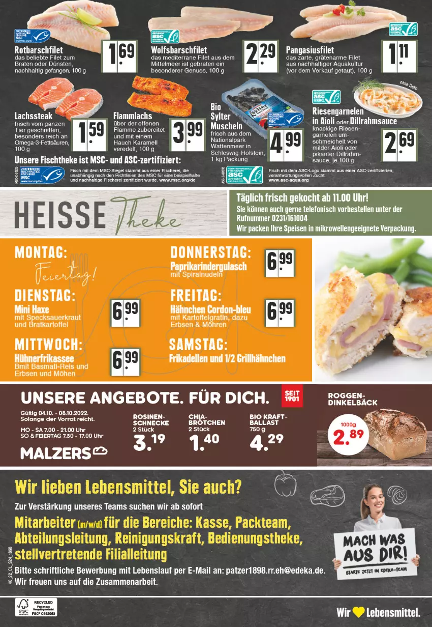 Aktueller Prospekt Edeka - Angebote der Woche - von 03.10 bis 08.10.2022 - strona 24 - produkty: aioli, angebot, angebote, aqua, auer, axe, basmati, basmati-reis, bio, braten, brötchen, deka, eier, eis, elle, ente, erbsen, filet, fisch, fische, Fischer, fischtheke, garnelen, gordon, gulasch, Haxe, hühner, karamell, kartoffel, Kraut, lachs, lamm, lebensmittel, mikrowelle, möhren, nerf, nudel, nudeln, nuss, omega, Omega-3, Pangasius, paprika, reis, rind, rinder, rindergulasch, Rotbarsch, rotbarschfilet, sauce, Sauerkraut, Schere, schnitten, Speck, steak, Sylter, telefon, Ti, uhr, wolfsbarsch