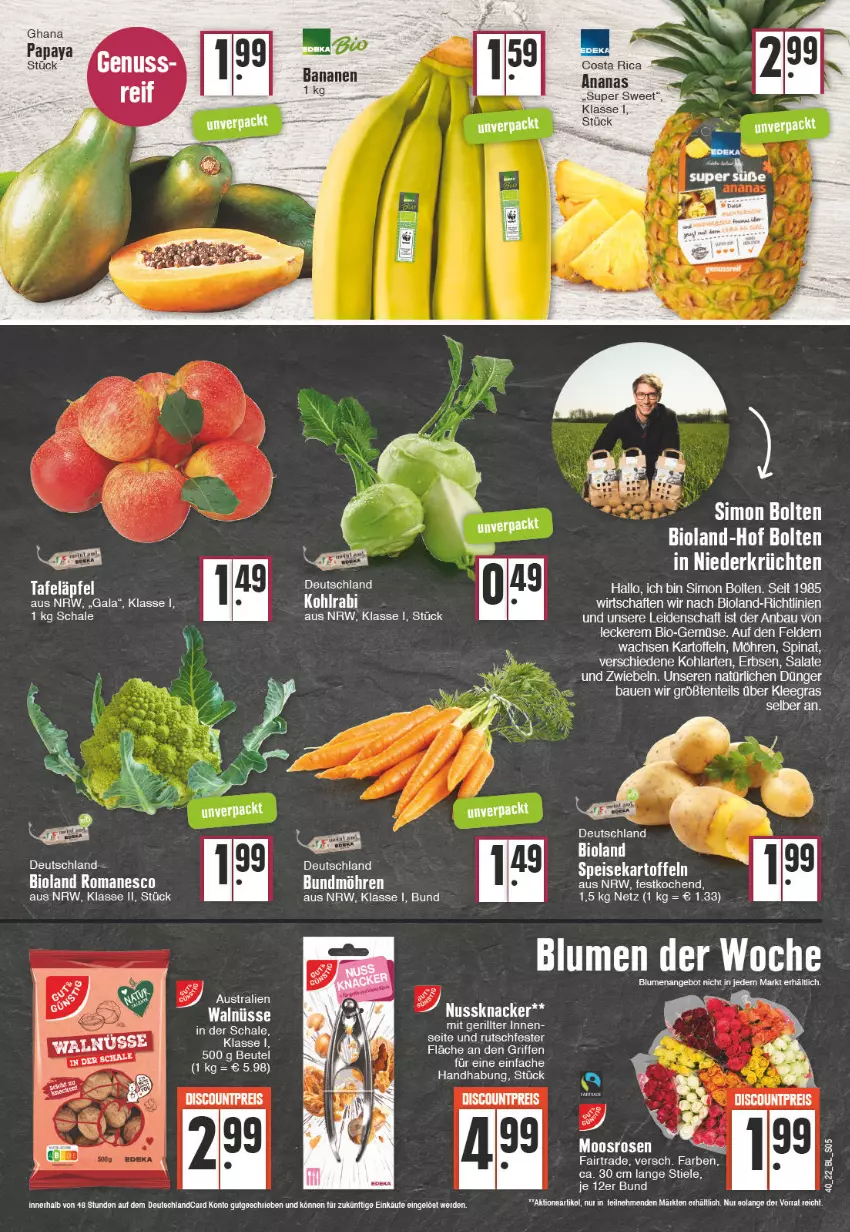 Aktueller Prospekt Edeka - Angebote der Woche - von 03.10 bis 08.10.2022 - strona 5 - produkty: ananas, angebot, aust, ball, banane, bananen, Bau, bio, bioland, blume, blumen, Bundmöhren, discount, dünger, eis, ente, erbsen, erde, kartoffel, kartoffeln, knacker, kohlrabi, möhren, nuss, Nussknacker, reis, rosen, salat, salate, Schal, Schale, sim, speisekartoffeln, spinat, tafeläpfel, Ti, zwiebel, zwiebeln