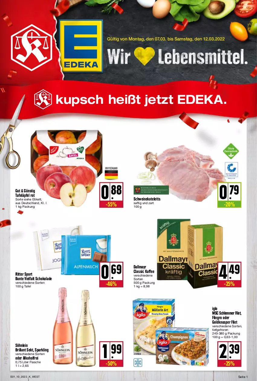 Aktueller Prospekt Kupsch - Angebote der Woche - von 07.03 bis 12.03.2022 - strona 1 - produkty: alkohol, brillant sekt, dallmayr, deka, filegro, filet, flasche, iglo, kaffee, kotelett, ritter, ritter sport, saft, schoko, schokolade, schwein, schweine, schweinekotelett, sekt, söhnlein, söhnlein brillant, Sport, tafeläpfel, Ti, wein, weine