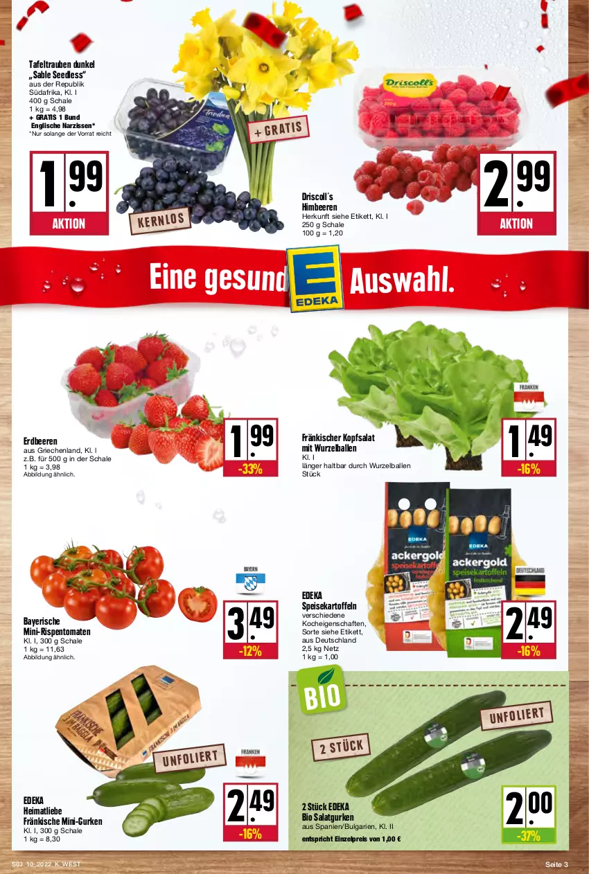 Aktueller Prospekt Kupsch - Angebote der Woche - von 07.03 bis 12.03.2022 - strona 3 - produkty: ball, beere, beeren, bio, deka, edeka bio, eis, erdbeere, erdbeeren, gurke, gurken, himbeer, himbeere, himbeeren, kartoffel, kartoffeln, kopfsalat, LG, mini-gurken, mini-rispentomaten, Narzissen, reis, rispentomaten, salat, Salatgurke, salatgurken, Schal, Schale, speisekartoffeln, tafeltrauben, Ti, tomate, tomaten, trauben