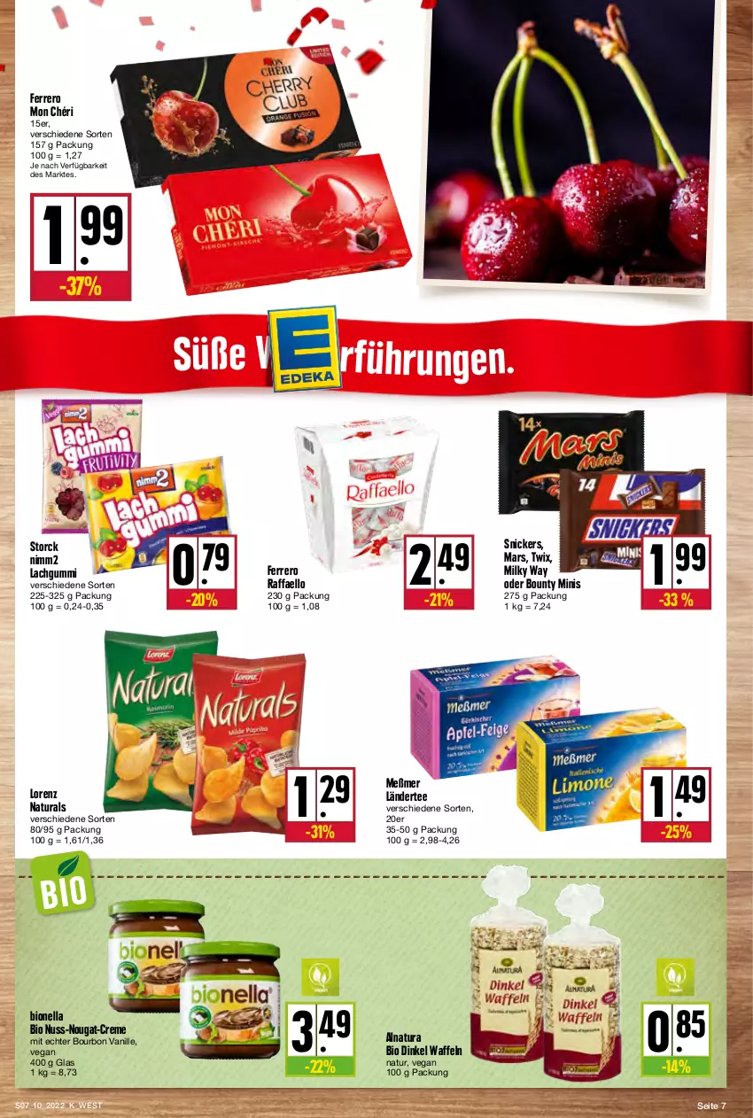 Aktueller Prospekt Kupsch - Angebote der Woche - von 07.03 bis 12.03.2022 - strona 7 - produkty: bio, bounty, bourbon, bourbon vanille, creme, ferrero, lachgummi, Ländertee, lorenz, mars, Meßmer, milky way, Mon Chéri, natur, natura, nimm2, nuss, nuss-nougat-creme, raffaello, snickers, storck, tee, twix, vanille, waffeln